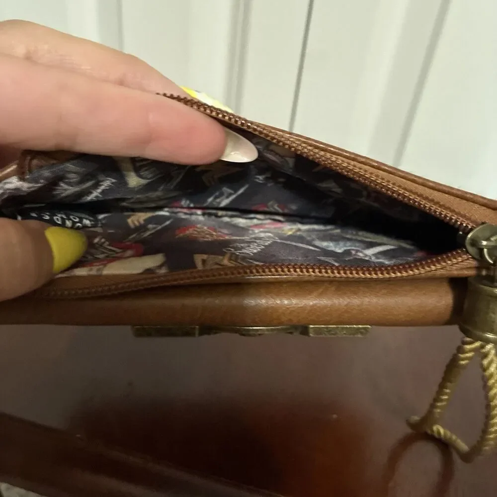 Wonder Woman Brown Zip-Around Wristlet Wallet w/ Wrist Strap, Card Slots